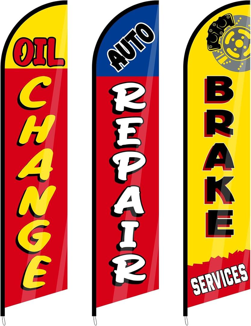 Hahafelt 3 Pack Auto Repair Shop Oil Change Feather Flag Sets, 8.2 x 2.1 ft Large Brake Services Advertising Windless Flag for Business Mechanics Automotive Car Repair Shops