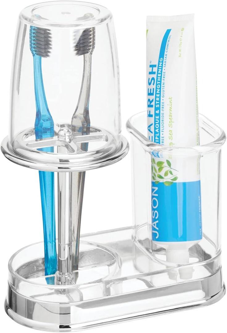 mDesign Plastic Toothpaste and Toothbrush Holder Center with Cup/Cover - Organizer for Bathroom Vanity Countertop - Holds Paste, Floss, Accessories - Hyde Collection - Clear