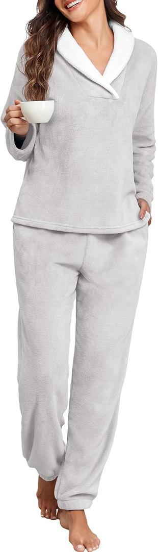PrinStory Womens Pajamas Winter Soft Fluffy Pajama Set Fuzzy Warm Pjs Flannel 2 Piece Plush Sleepwear Lounge Sets (X-Large, Light Gray)