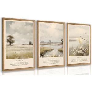 Cyebmo Christian Bible Verse Wall Art, Religious Wall Decor, Neutral Farmhouse Landscape Art Prints, Jesus Scripture Floral Canvas Painting for Church Prayer Room Hospitals Wood Framed 12"x16"x3