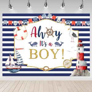 Mocsicka Ahoy It's a Boy Nautical Baby Shower Backdrop White Blue Stripes Marine Sea Lighthouse Ship Baby Shower Party Decorations for Boys Navy Blue Striped Photography Background (7x5ft)