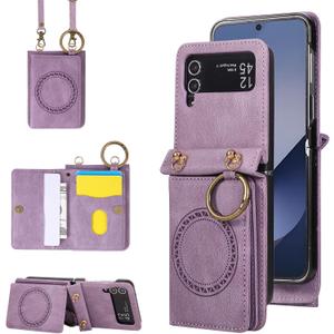 Compatible with Samsung Galaxy Z Flip 4 5G 2022 Wallet Case and Crossbody Shoulder Strap Ring Buckle Stand Card Holder Magnetic Car Mount Cell Phone Cover for ZFlip4 Z4 Flip4 ZFlip 4Z Women Men Purple