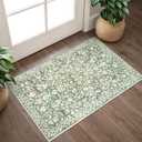 Vintage Entryway Rug Indoor, Sage Green Beige Washable Rug 2x3, Small Area Rug with Non-Slip Backing, Floral Print, Thin Faux Wool Super Soft Door Mat for Kitchen, Entrance, Bedroom, Office
