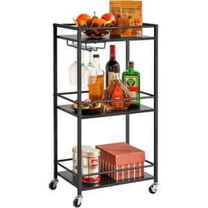 IBUYKE Home Bar Serving Cart,Small Bar Cart with 3-Tier, Mobile Drink Shelf with Wine Holders and Glass Holders,Mini Bar for Outdoor, Small Space, Kitchen Black TMJ519B