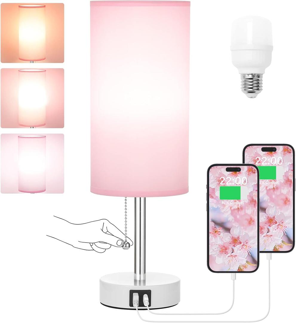 Hong-in Pink Bedside Lamp - 3 Color Modes, Small Lamp with USB-C and USB-A Charging Ports, Pull Chain, Nightstand Light for Bedroom, Office, Kids Room (Bulb Included)