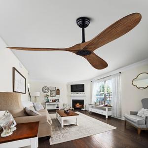 QUTWOB 60" Ceiling Fan with Remote Control No Lights,Modern Reversible DC Motor Indoor Outdoor 3 Blades Ceiling Fans for Patio Bedroom Living Room(Black+Dark Walnut)