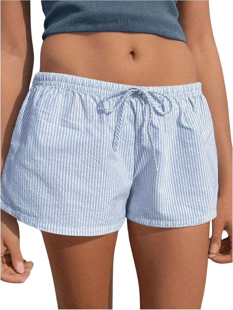RoseSeek Women's Striped Shorts Print Drawstring Elastic Waist Shorts Casual Wide Leg Low Rise Summer Boxer Shorts (Blue)