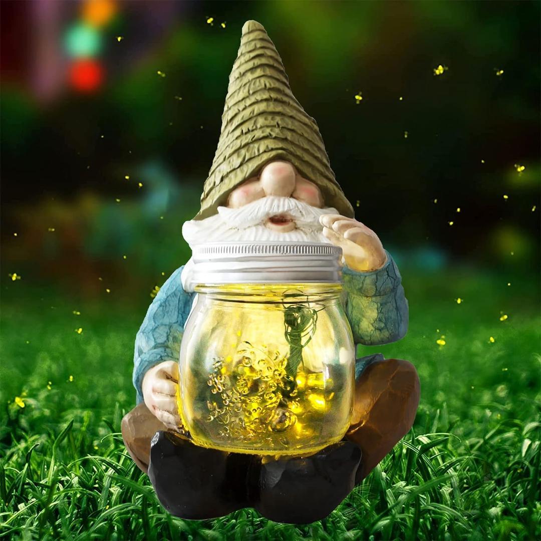 Solar Firefly Jar Gnome Waterproof, Mothers Day, Birthday Housewarming for Women Mom Grandma, Large Garden Gnome Funny Solar Outdoor LED Lights Resin Statues Lantern Figurines Decorations