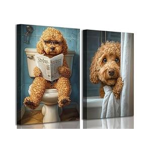 2Pcs Funny Bathroom Dog Canvas Wall Art (12x16in-Canvas)