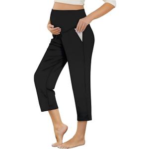 Maternity Capri Pants for Women Over The Belly - Pregnancy Casual Lounge Bottoms with Pockets, Soft Stretchy Sleep & Yoga Capris(Black,XL)