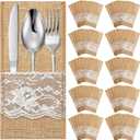 Windyun 100 Pcs 4.1 x 8.9 Inch Wedding Natural Burlap Lace Utensil Holders Pouch Burlap Silverware Cutlery Pouch Tableware Holder Bag for Rustic Wedding Bridal Shower Decorations