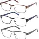 CRGATV 3-Pack Reading Glasses for Men Blue Light Blocking Metal Full Frame Computer Readers Anti UV/ Eye Strain/ Glare (+2.0 Magnification Strength)
