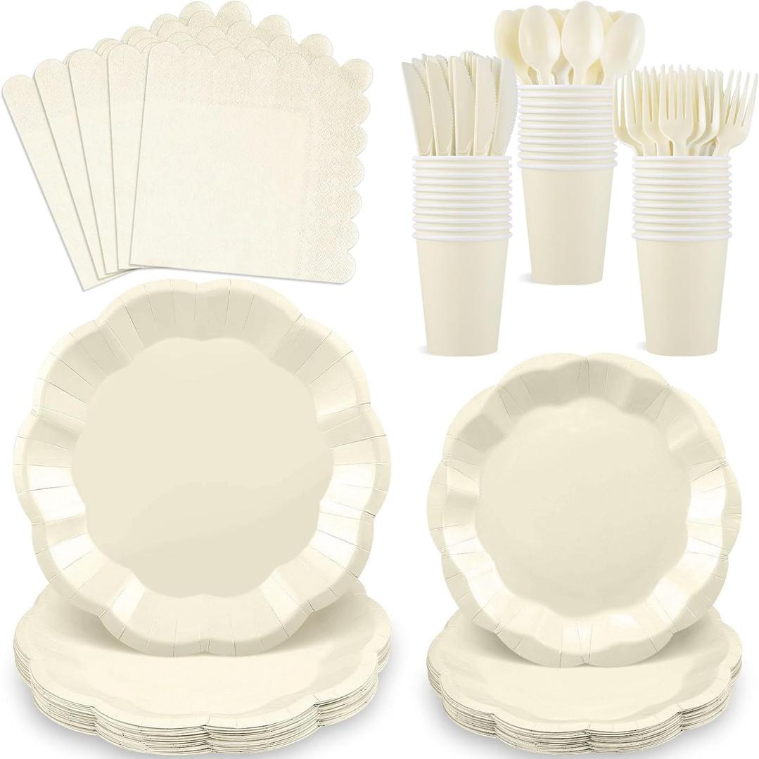 175 Pcs Ivory Plates and Napkins Set, 25 Guest Ivory Party Supplies Include Scalloped Plate Paper Napkin Cup Fork Knives Disposable Plastic Cutlery for Birthday Wedding Baby Shower Party