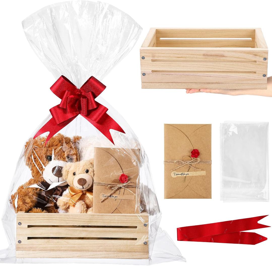 Wonderjune Wooden Gift Basket with Cellophane Bag Ribbon Greeting Card, Empty Wood Basket for Birthdays Baby Shower Wedding Back to School Housewarming Gifts Packaging(Wood,Small)
