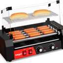 Hot Dog Roller 5 Rollers 12 Hot Dogs Capacity, 750W Stainless Sausage Grill Cooker Machine with Dual Temp Control Glass Hood Acrylic Cover Bun Warmer Shelf Removable Oil Drip Tray (5 Rollers)