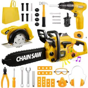 Vextronic Kids Tool Set 37 PCS with Electric Toy Chainsaw Drill Circular Saw with Realistic Sounds, Toy Tool Set for Toddlers 3 4 5 6 7 8, Pretend Play Kids Power Tools Kit Gift for Boys Girls Yellow