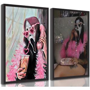 2Pcs Halloween Ghosts Mask Wall Art Modern Pink Academic Gothic Romantic Ghost Wall Decor Pictures Horror Funny Preppy Canvas Posters Prints for Corridor Restroom Toilet Bedroom Decoration Unframed (Poster, 16x24in) (24L"x16W")