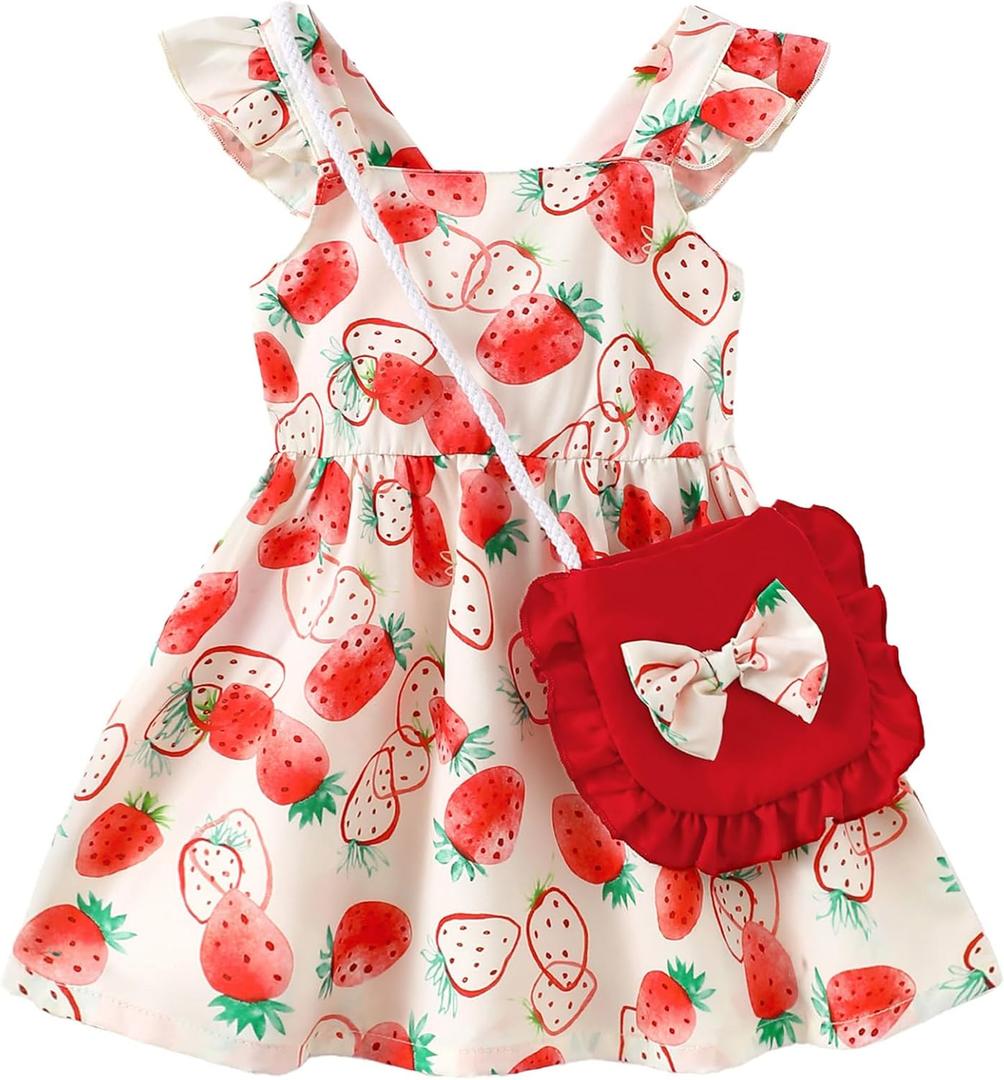 Mioglrie Baby Girl Clothes Newborn Dress Summer Toddler Girls' Clothing Casual Sundress with Cute Bag Infant Outfits (6-12 Months, Strawberry Red)