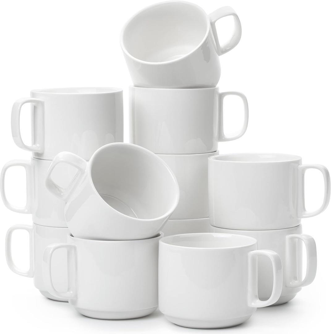 BTaT- Porcelain Stackable Coffee Mugs, 12 Pack, 12 oz, White, Ceramic Coffee Cups, Dishwasher and Microwave Safe, Christmas Gifts