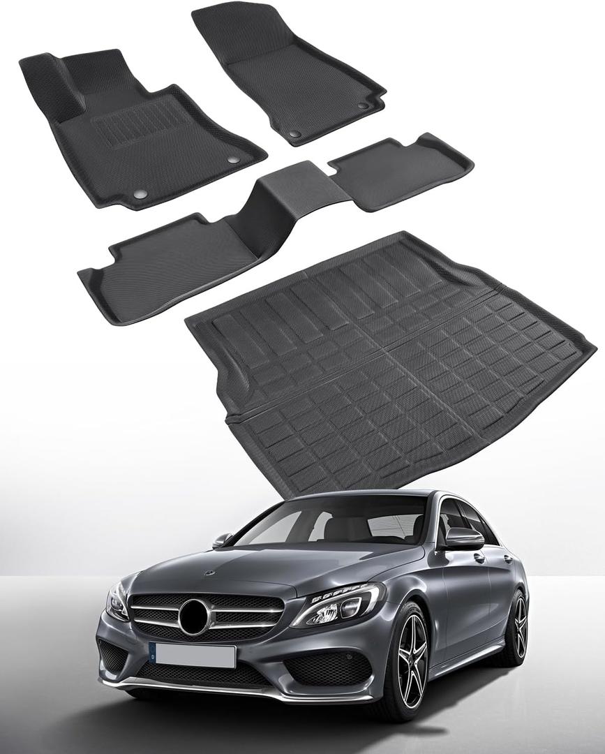 Car Floor Mat for Mercedes-Benz: C Class Accessories 2015 2016 2017 2018 2019 2020 2021 All Weather Rubber Carpet Liner Custom Fit C300 AMG Luxury Model Front Rear Trunk Floormat Carbon Fiber Matt