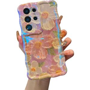 XIZYO Case for Samsung Galaxy S24 Ultra, Colorful Retro Oil Painting Flower Cute Floral Aesthetic Curly Wave Frame Laser Glossy Reflective Exquisite Stylish Cover Girly Women-Pink