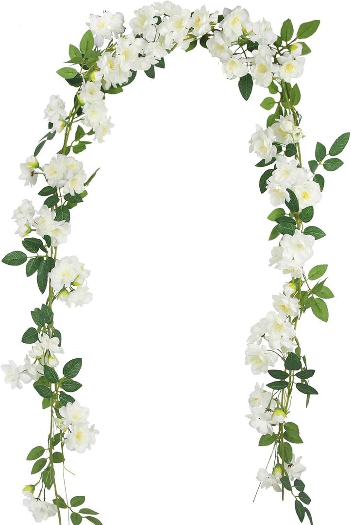 2 Pcs Artificial Flowers Garland for Outdoors White Faux Gardenia Garland 12Ft Silk Rose Hanging Vines Floral for Wedding Arch Party Wall Garden Ceremony Backdrop Fence Spring Decor