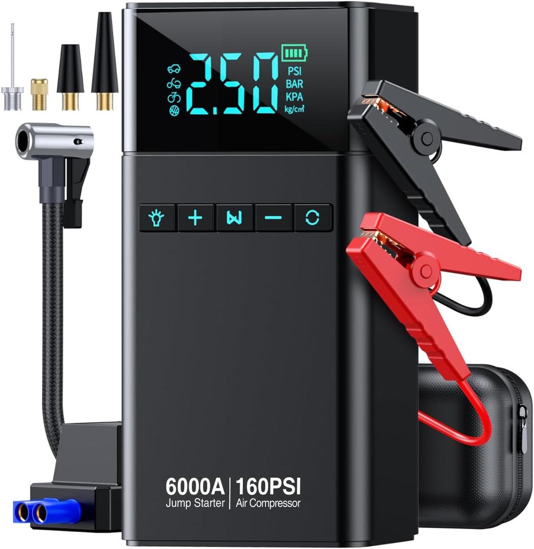 10-in-1 Portable Car Battery Jump Starter with Air Compressor, 6000A 160PSI Portable Car Jumper Starter (All Gas 12L Diesel), 12V Jump Box Car Battery Jump Starter with Jumper Cables, Lights