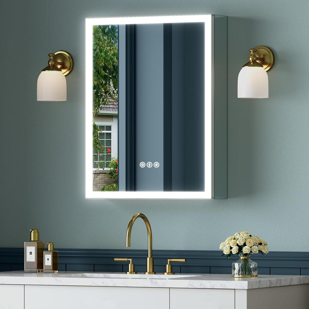 16x24 Inch Medicine Cabinet with Lights, Lighted Medicine Cabinet with Mirror, AL Alloy Frame, Hardwired, Recessed or Wall Mount, 3 Light Colors/Dimmable/Defog,2 Outlets&USBs, 2 Shelves