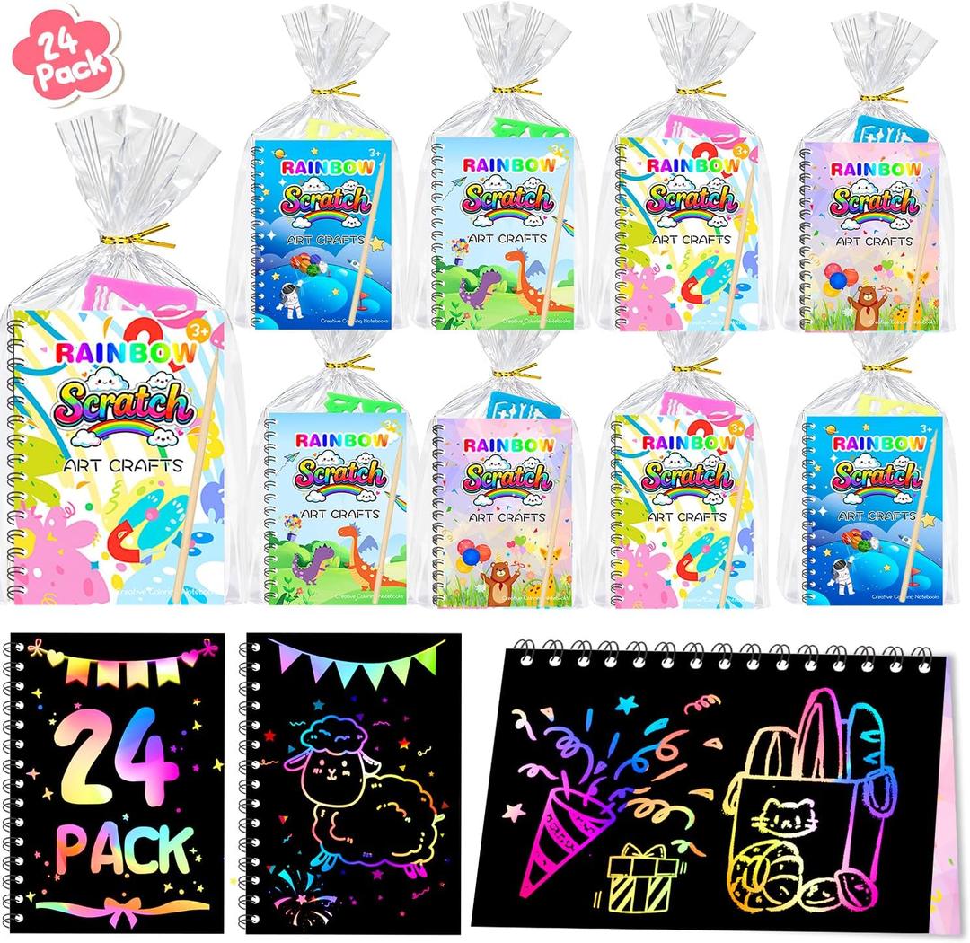 Valentines Day Gifts for Kids, 24 Pack Scratch Art Rainbow Notebook Students Classroom Gifts Bulk for Girls Boys Goodie Bags Stuffers, Return Gifts for Birthday Party Favors Bulk Kids Crafts