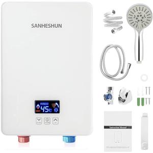 Electric Tankless Water Heater, 6000W 220V Instant Hot Water Heater with Handheld Shower Head and Hose Set, LED Touch Screen Switch Adjustable Temperature for Bathroom Kitchen - White