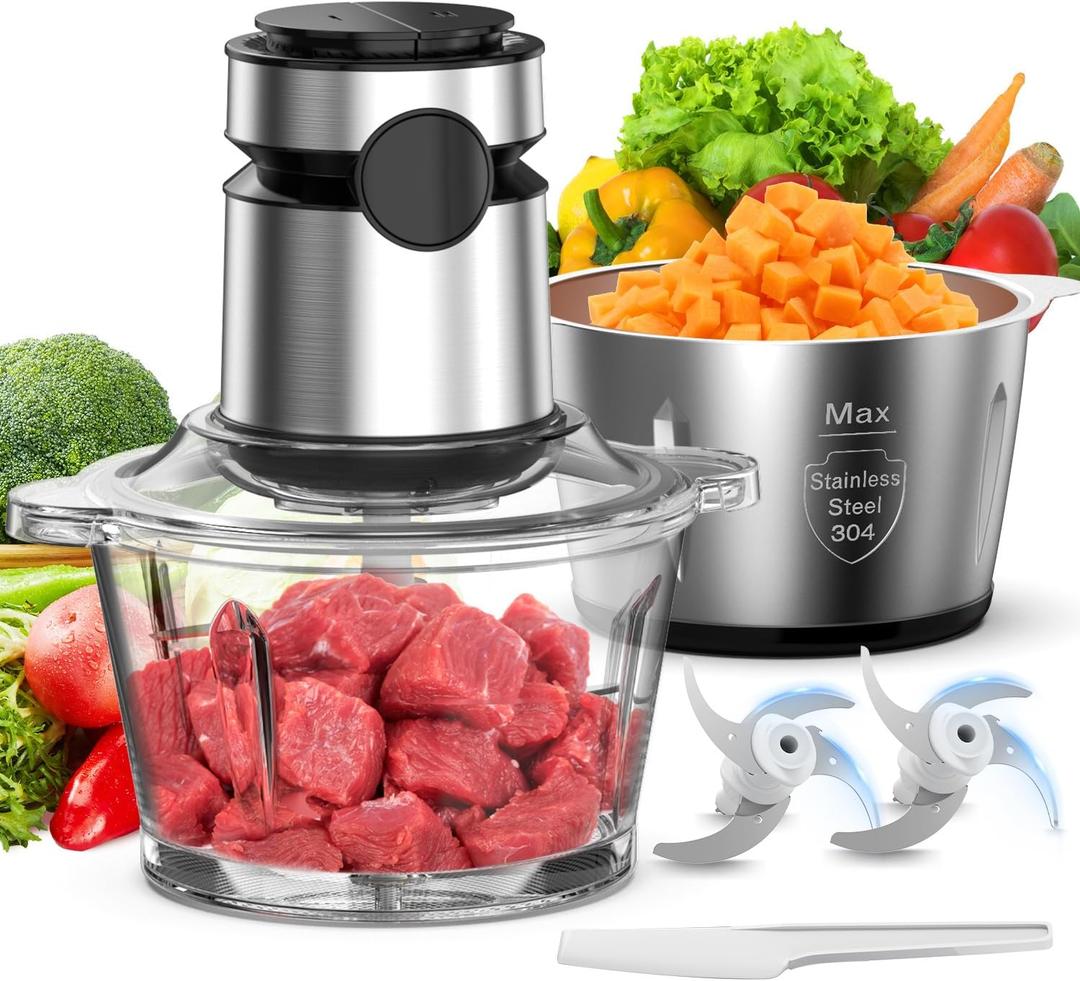 Electric Food Processor Chopper Meat Grinder - 8 Cup Veggie Chopper with 2 Bowls, 2-Speed, Bi-Level Blades, vegetable cutter For Vegetable, Nuts, Onion, Garlic, Baby Food & Family Use