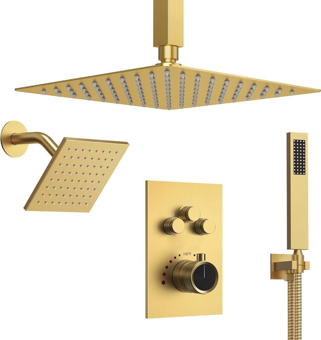 Ceiling Mount 12" High-Pressure Rainfall Shower Faucet, Dual Rainfall Shower Head System with Valve (Brushed Gold)
