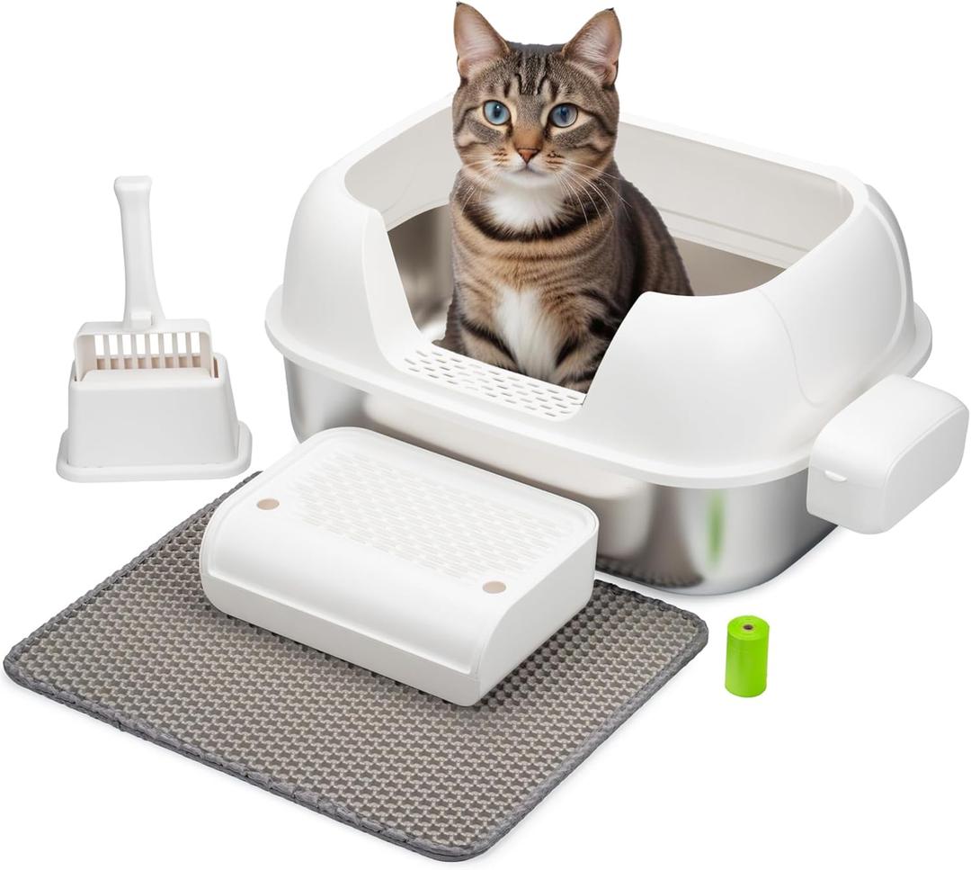 Enclosed Stainless Steel Cat Litter Box with High Sides for Large Cats, Large Litter Box with Lid, Anti Leak, Anti Odor, Non Stick, Easy Clean