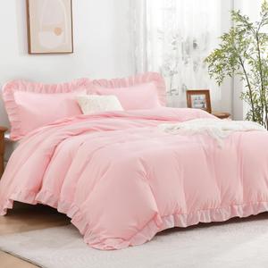 Andency Pink Ruffle Duvet Cover Queen(90x90Inch), 3 Pieces Soft Blush Washed Polyester Vintage Shabby Chic Farmhouse Ruffled Duvet Cover Set with Zipper Closure & Corner Ties (09-solid-pink)
