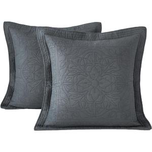 WINLIFE 100% Cotton Quilted Euro Sham Covers, 2 Pack Cotton 26'' x 26'' Pillow Covers, Soft and Breathable Euro Shams, Square Pillow Shams, Dark Grey