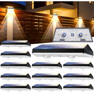 Solar Fence Lights Outdoor, Solar Wall Lights, 12 Pack | lP65 Weatherproof, 3 Lighting Modes, 500mAh Battery, for Garden, Yard, Balcony