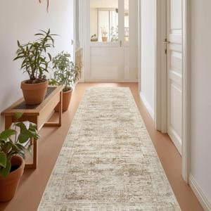 Restydon Rug Runners for Hallways Non Slip - 2x8 Runner Rug for Bedroom, Washable Runner with Rubber Backing, Soft Low-Pile Carpet for Kitchen, Laundry, Bathroom (2'x8', Brown/ Ivory)