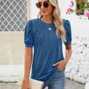 Riyiper Women's Short Sleeve Pleated Tops Crew Neck Puff Sleeve Spring Blouses Tunic Top Summer Dressy Casual T Shirt (S)