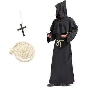 Friar Medieval Hooded Monk Renaissance Priest Robe Costume Cosplay for Adults Wizard Cloak Priest (XL,Black)