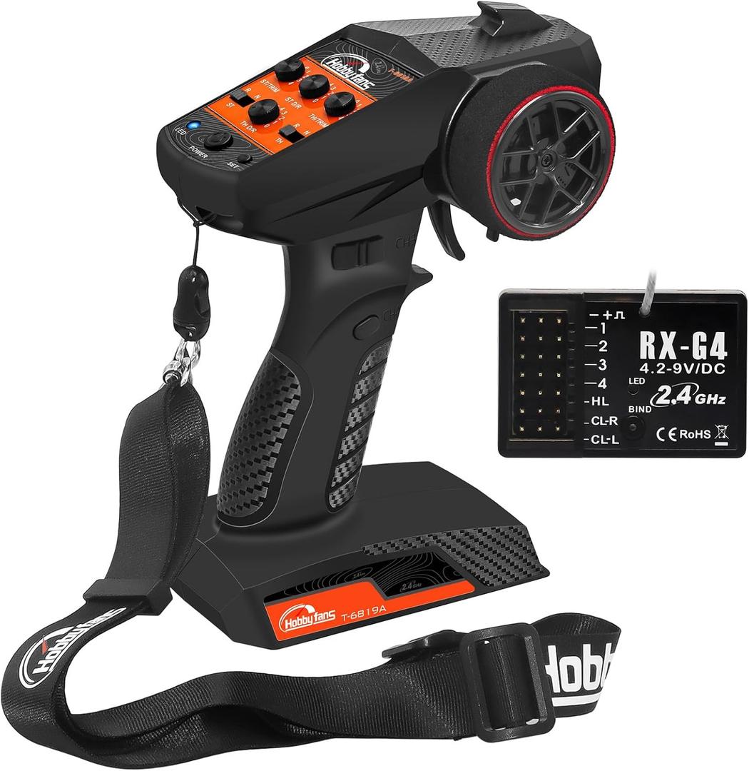 RC Radio System 4CH 2.4G RC Transmitter with Receiver and Lanyard Anti-Jamming Remote Controller for 1/10 1/12 1/14 1/16 1/18 1/24 RC Car Crawler Boat (Black & Orange)