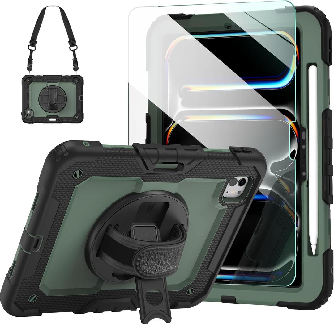 Ambison for iPad Pro 11 Inch Case 2024(M4, 5th Generation),with 9H Tempered Glass Screen Protector,Full-Body Heavy Duty Shockproof Protective Cover with 360 Rotate Strap Stand,Pencil Holder-Green