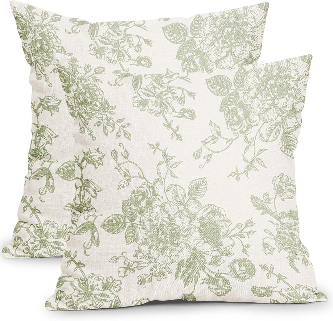 Vintage Floral Pillow Covers 18x18 Inch Set of 2 Sage Green and Cream Floral Throw Pillow Covers Chinoiserie Flower Pillowcases Rustic Farmhouse Cotton Linen Cushion Covers for Couch Bed Sofa Decor