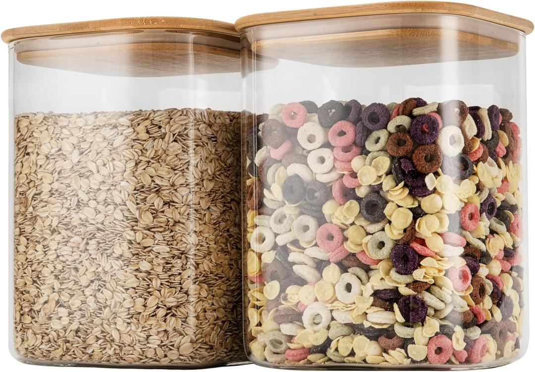 D2scrma 122oz Airtight Glass Square Storage Canister with Bamboo Lid Set of 2(3600ml*2) Large Storage Container Gallon Glass Jars, for Sugar, Flour, and Coffee bean (with Black Lable)