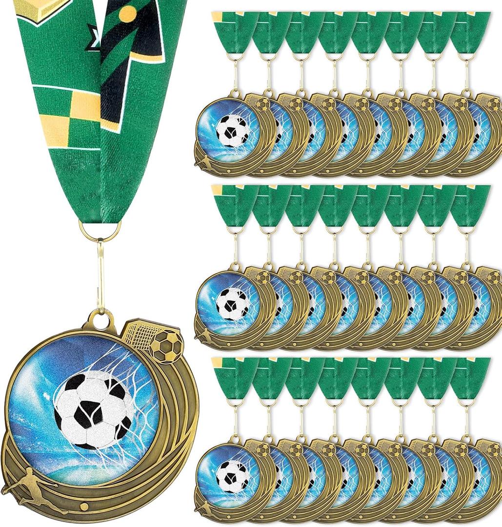 Seenelling 24 Pcs Soccer Medals Gold Metal Soccer Award Medals with Ribbon Sport Ball Trophy Prize for Participation Sports Ball Themed Party Favors