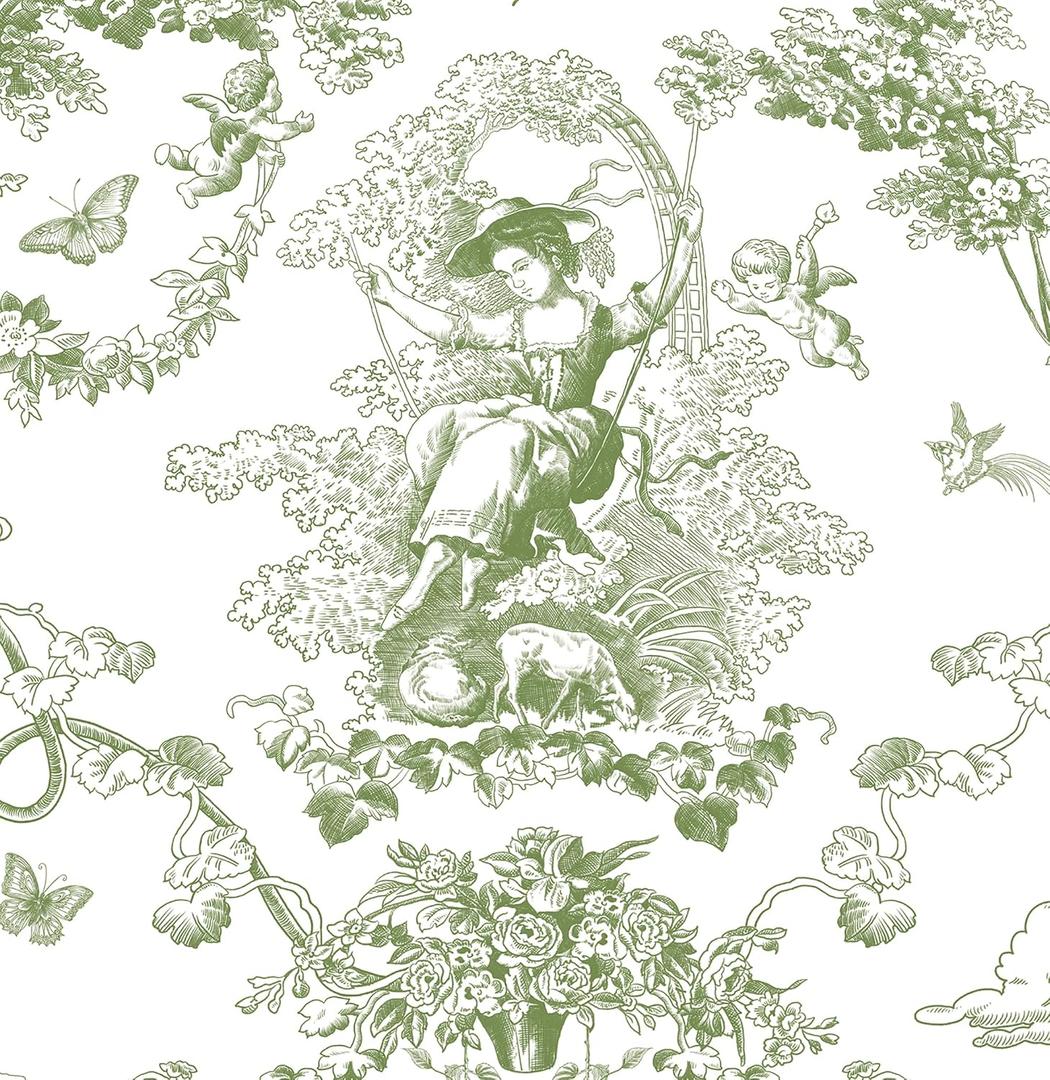 CiCiwind Peel and Stick Wallpaper Green Toile Wall Paper French Country Wallpaper for Bedroom Vintage Self Adhesive Removable Contact Paper for Bathroom Living Room Vinyl Rolls 17.3"197"