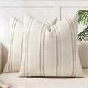 AELS 18x18 Decorative Farmhouse Linen Blend Throw Pillow Covers, Boho Textured Pillow Case, Set of 2, Beige with White & Brown Stitch Yarn Dyed Stripe Cushion Cover for Sofa Living Room (Cover ONLY)