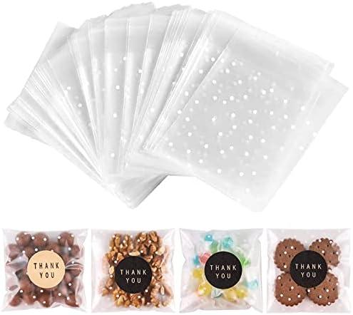 NPLUX 100PACK Self Sealing Cellophane Bags Clear Cookie Treat Bags Thank You for Gift Giving Candy with Stickers(White Polka Dot, 4x4 INCH)