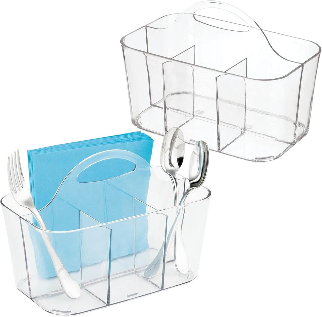 mDesign Plastic Cutlery Storage Organizer Caddy Bin Tote with Handle - Kitchen Cabinet Divided Pantry Basket for Forks, Knives, Spoons, Napkins, Indoor/Outdoor Use, Lumiere Collection, 2 Pack - Clear