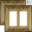 2-Pack Antique Brass Double Outlet Cover Plates, 2 Gang Metal Wall Plates for Electrical Outlets, GFCI, Dimmer Switch, Classic Beadboard Design, 4.96''*4.88'', Midsize, 2 Decorator 2PK