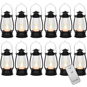12PCS Black Mini Lanterns with Remote Control, 5.1" H/13cm (6.7" H with Handle) Vintage LED Lantern Decorative - Christmas Table Centerpieces, Western Party Decorations & Camping Party Decor